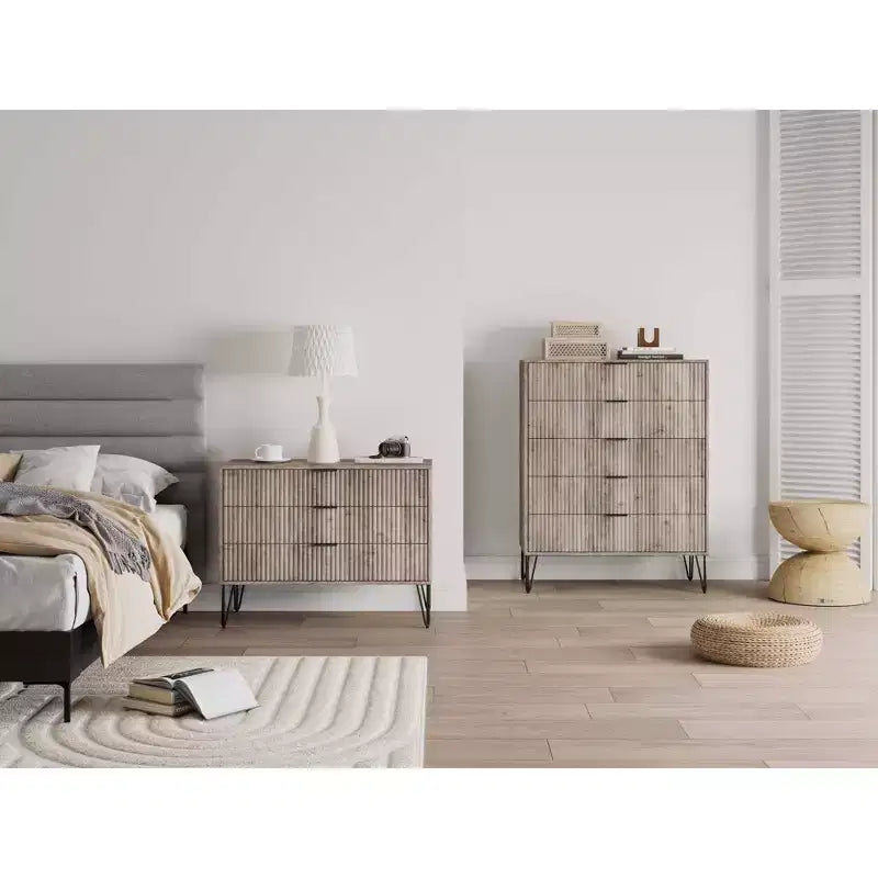 Set comò moderno 2 pezzi | Verticale a 5 cassetti e orizzontale a 3 cassetti con ferramenta antiribaltamento