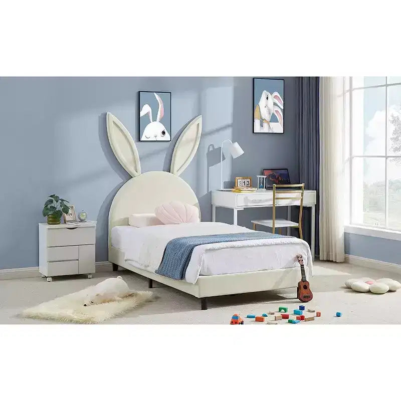 Letto a piattaforma singolo per bambini con testiera imbottita a forma di orecchie di coniglio
