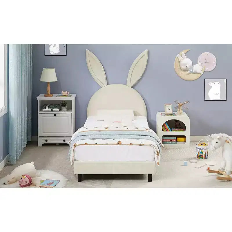Letto a piattaforma singolo per bambini con testiera imbottita a forma di orecchie di coniglio