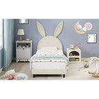 Letto a piattaforma singolo per bambini con testiera imbottita a forma di orecchie di coniglio