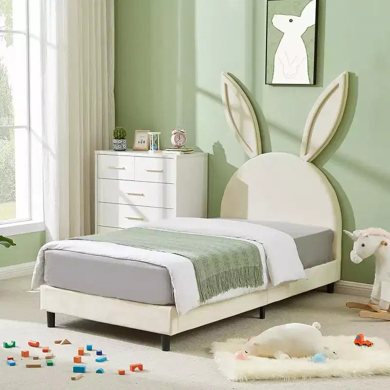 Letto a piattaforma singolo per bambini con testiera imbottita a forma di orecchie di coniglio