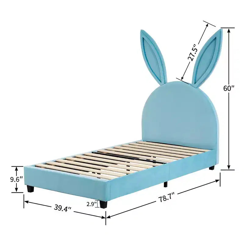 Letto a piattaforma singolo per bambini con testiera imbottita a forma di orecchie di coniglio