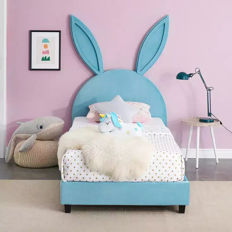 Letto a piattaforma singolo per bambini con testiera imbottita a forma di orecchie di coniglio