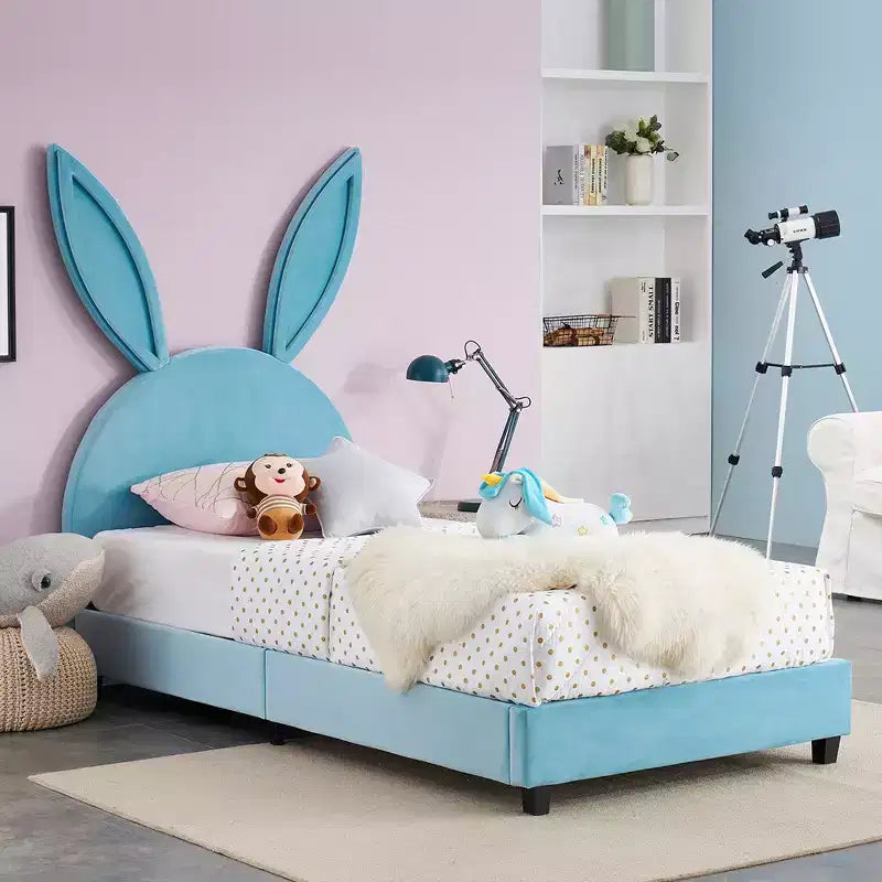 Letto a piattaforma singolo per bambini con testiera imbottita a forma di orecchie di coniglio