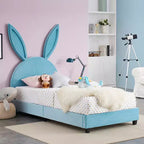 Letto a piattaforma singolo per bambini con testiera imbottita a forma di orecchie di coniglio