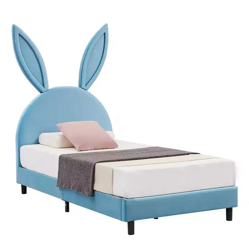 Letto a piattaforma singolo per bambini con testiera imbottita a forma di orecchie di coniglio