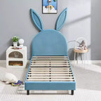 Letto a piattaforma singolo per bambini con testiera imbottita a forma di orecchie di coniglio
