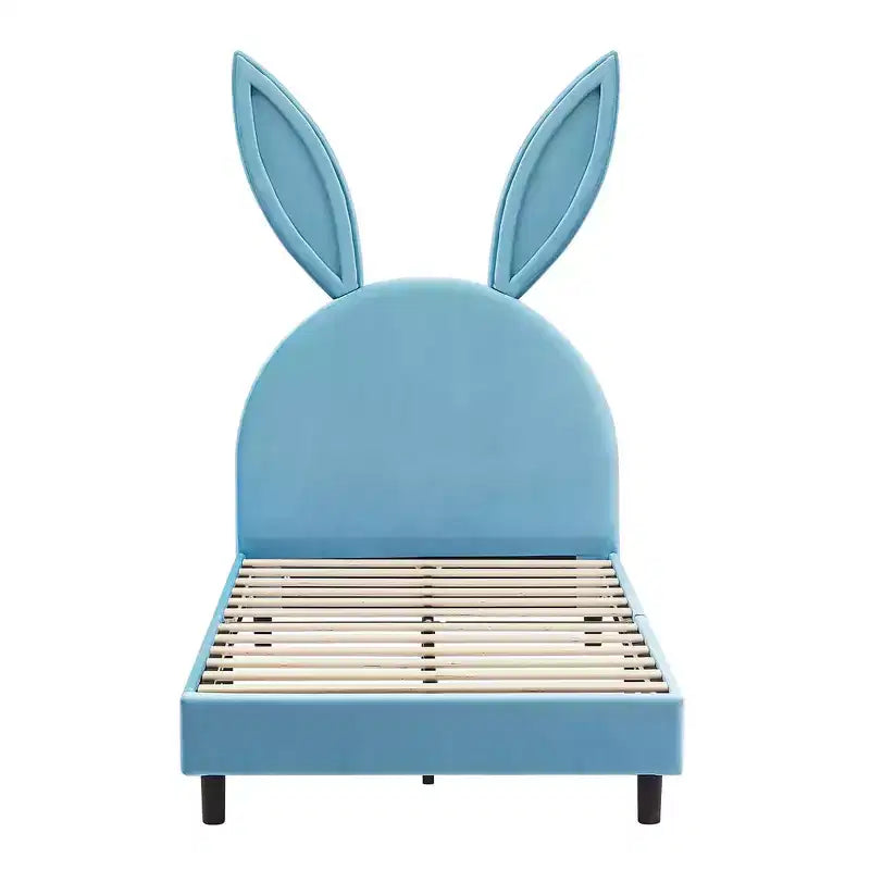 Letto a piattaforma singolo per bambini con testiera imbottita a forma di orecchie di coniglio