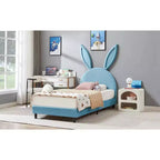 Letto a piattaforma singolo per bambini con testiera imbottita a forma di orecchie di coniglio