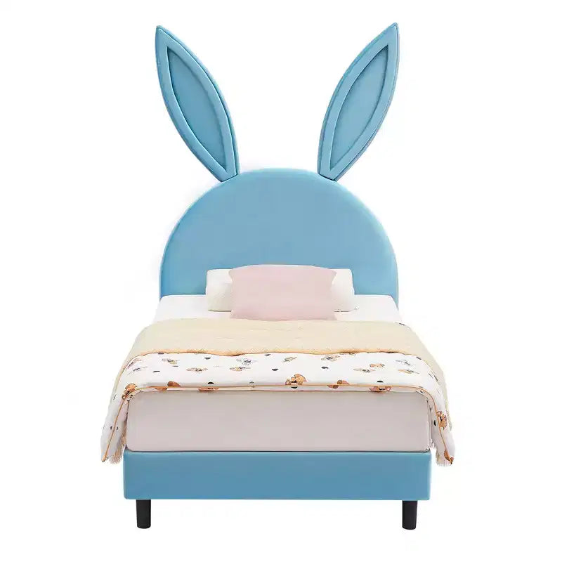 Letto a piattaforma singolo per bambini con testiera imbottita a forma di orecchie di coniglio