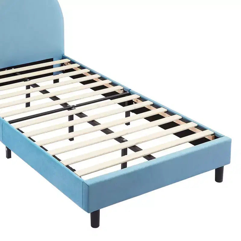 Letto a piattaforma singolo per bambini con testiera imbottita a forma di orecchie di coniglio