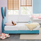 Letto a piattaforma singolo per bambini con testiera imbottita a forma di orecchie di coniglio