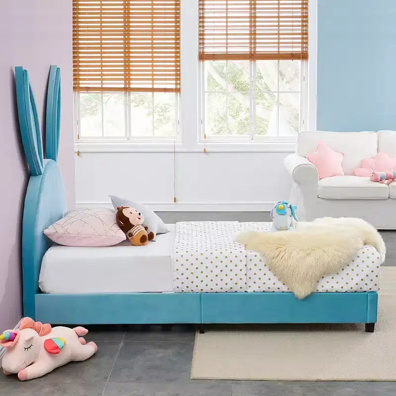 Letto a piattaforma singolo per bambini con testiera imbottita a forma di orecchie di coniglio