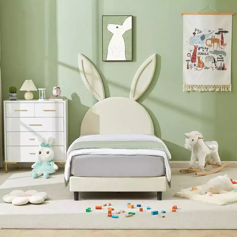 Letto a piattaforma singolo per bambini con testiera imbottita a forma di orecchie di coniglio