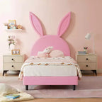 Letto a piattaforma singolo per bambini con testiera imbottita a forma di orecchie di coniglio