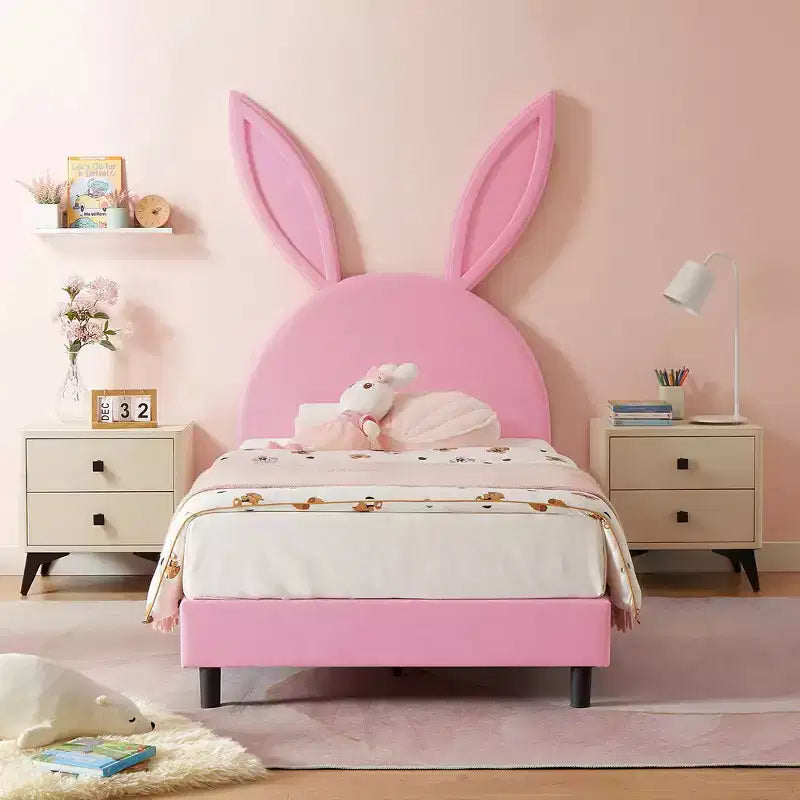 Letto a piattaforma singolo per bambini con testiera imbottita a forma di orecchie di coniglio