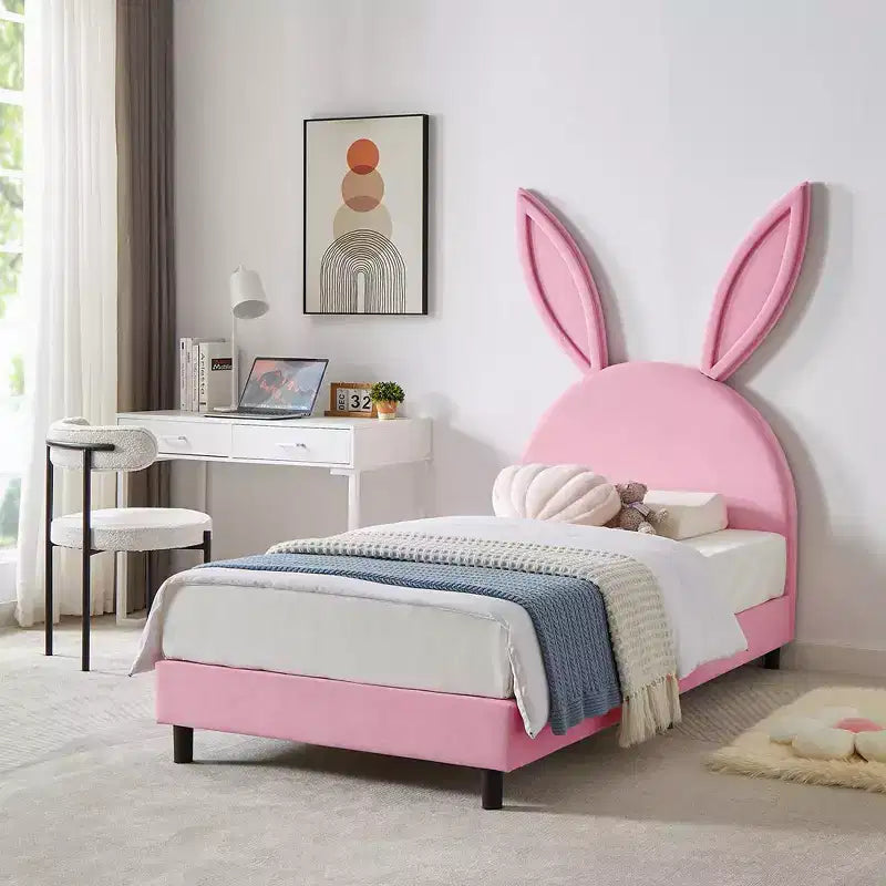 Letto a piattaforma singolo per bambini con testiera imbottita a forma di orecchie di coniglio