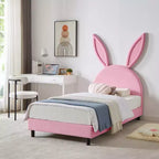 Letto a piattaforma singolo per bambini con testiera imbottita a forma di orecchie di coniglio