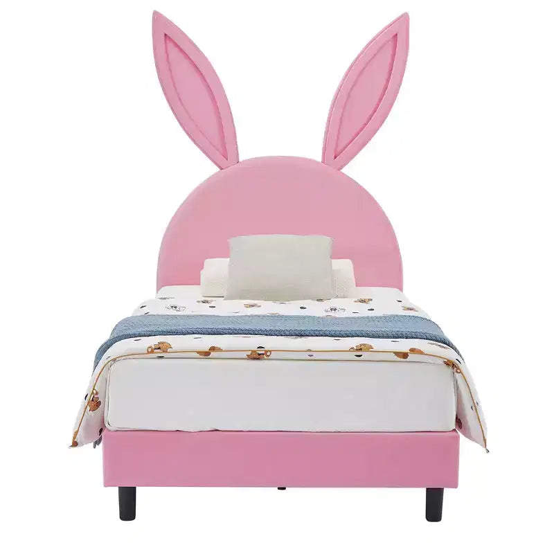 Letto a piattaforma singolo per bambini con testiera imbottita a forma di orecchie di coniglio