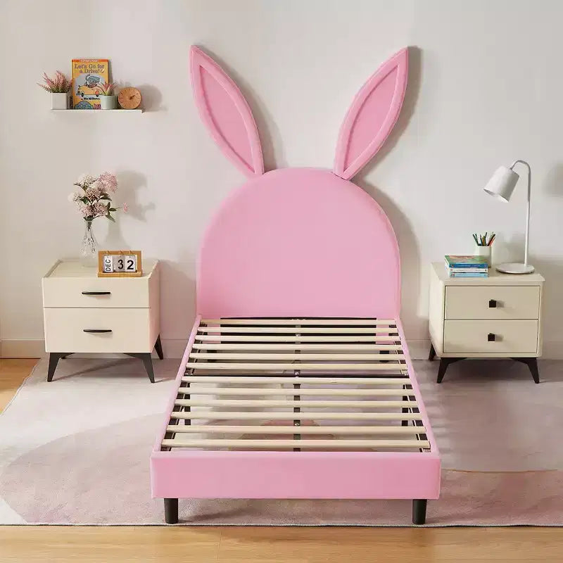 Letto a piattaforma singolo per bambini con testiera imbottita a forma di orecchie di coniglio