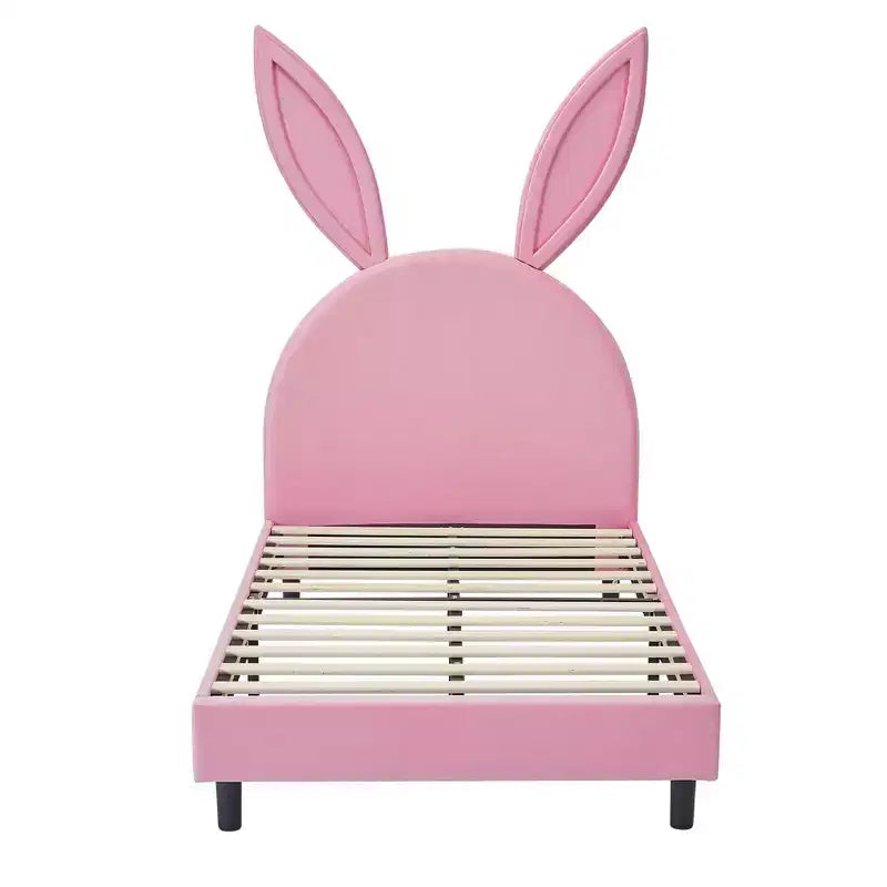 Letto a piattaforma singolo per bambini con testiera imbottita a forma di orecchie di coniglio