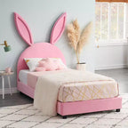 Letto a piattaforma singolo per bambini con testiera imbottita a forma di orecchie di coniglio