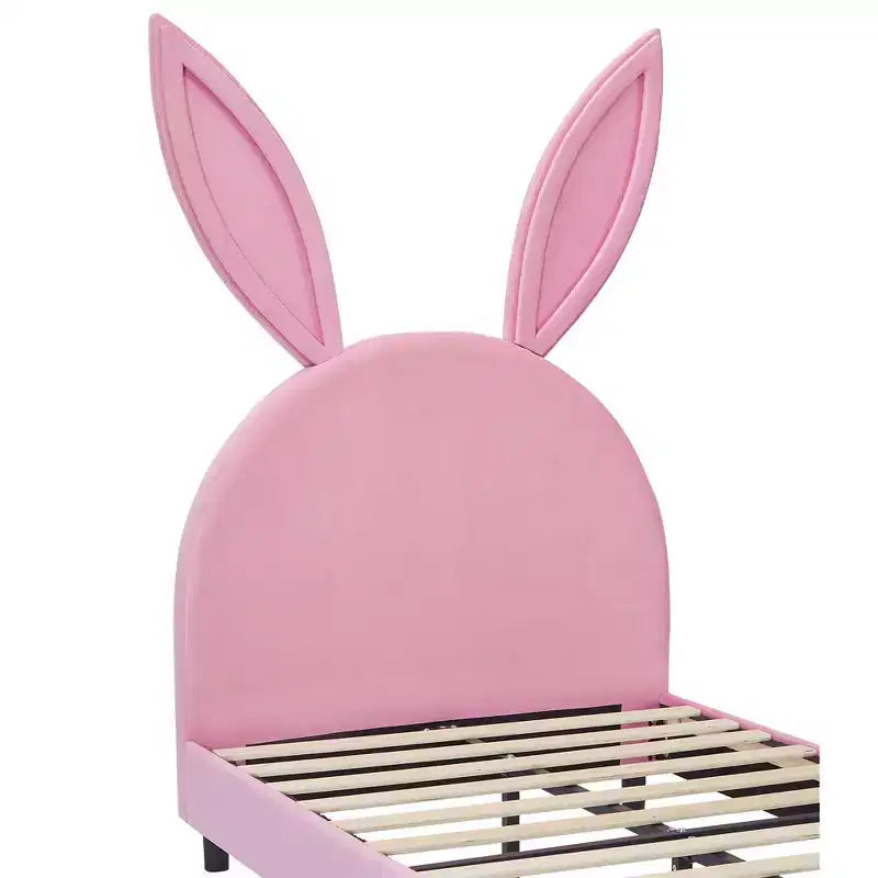 Letto a piattaforma singolo per bambini con testiera imbottita a forma di orecchie di coniglio
