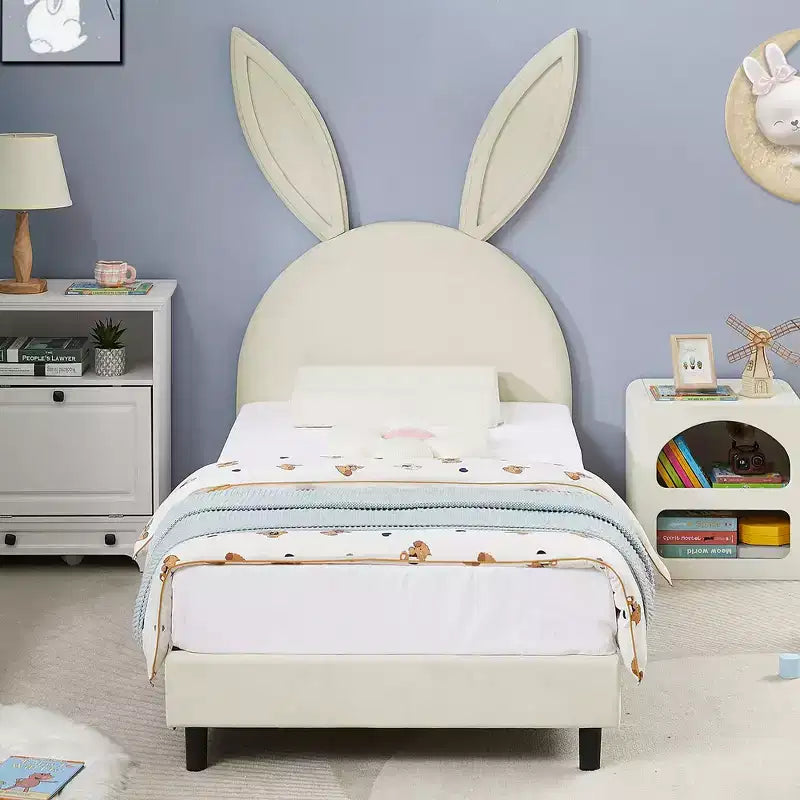 Letto a piattaforma singolo per bambini con testiera imbottita a forma di orecchie di coniglio