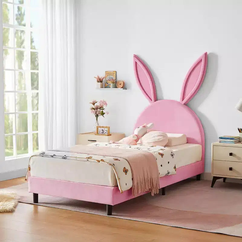 Letto a piattaforma singolo per bambini con testiera imbottita a forma di orecchie di coniglio