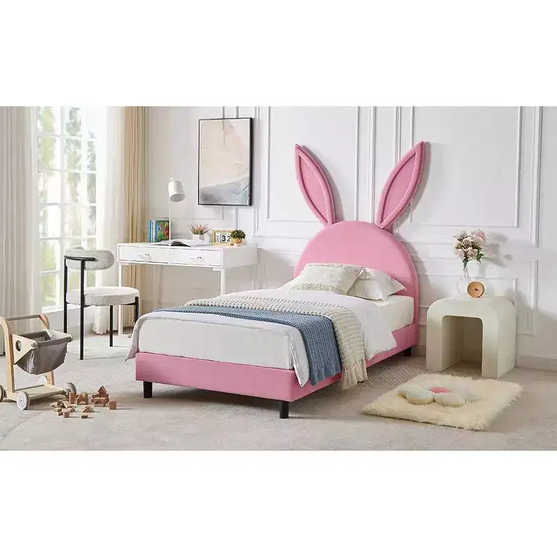 Letto a piattaforma singolo per bambini con testiera imbottita a forma di orecchie di coniglio