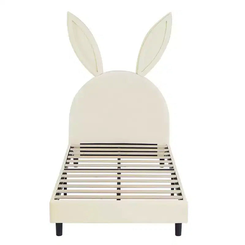Letto a piattaforma singolo per bambini con testiera imbottita a forma di orecchie di coniglio
