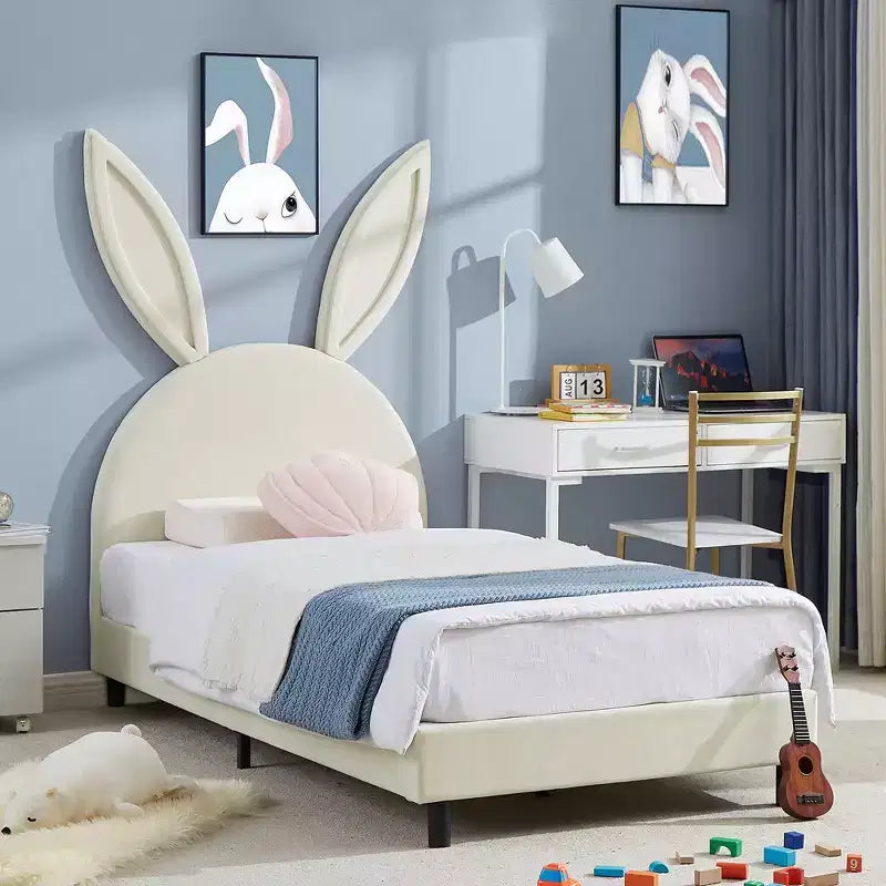 Letto a piattaforma singolo per bambini con testiera imbottita a forma di orecchie di coniglio