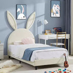 Letto a piattaforma singolo per bambini con testiera imbottita a forma di orecchie di coniglio