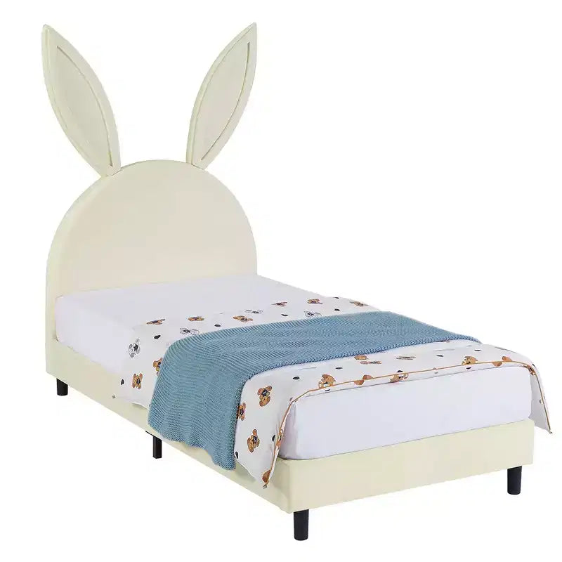Letto a piattaforma singolo per bambini con testiera imbottita a forma di orecchie di coniglio