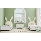 Letto a piattaforma singolo per bambini con testiera imbottita a forma di orecchie di coniglio