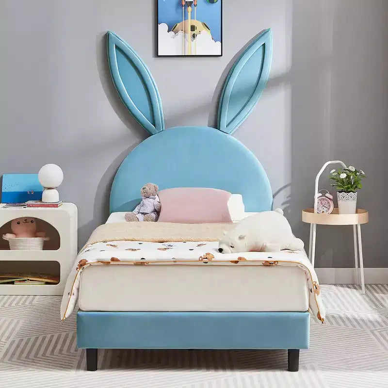 Letto a piattaforma singolo per bambini con testiera imbottita a forma di orecchie di coniglio