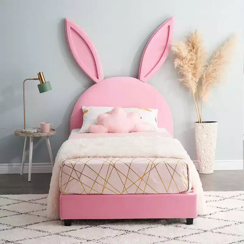Letto a piattaforma singolo per bambini con testiera imbottita a forma di orecchie di coniglio