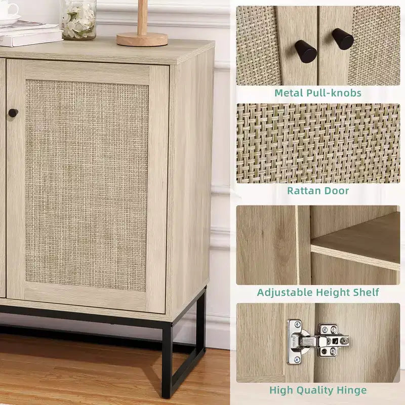 Boho Sideboard Buffet Cabinet with Rattan Doors & Adjustable Shelves