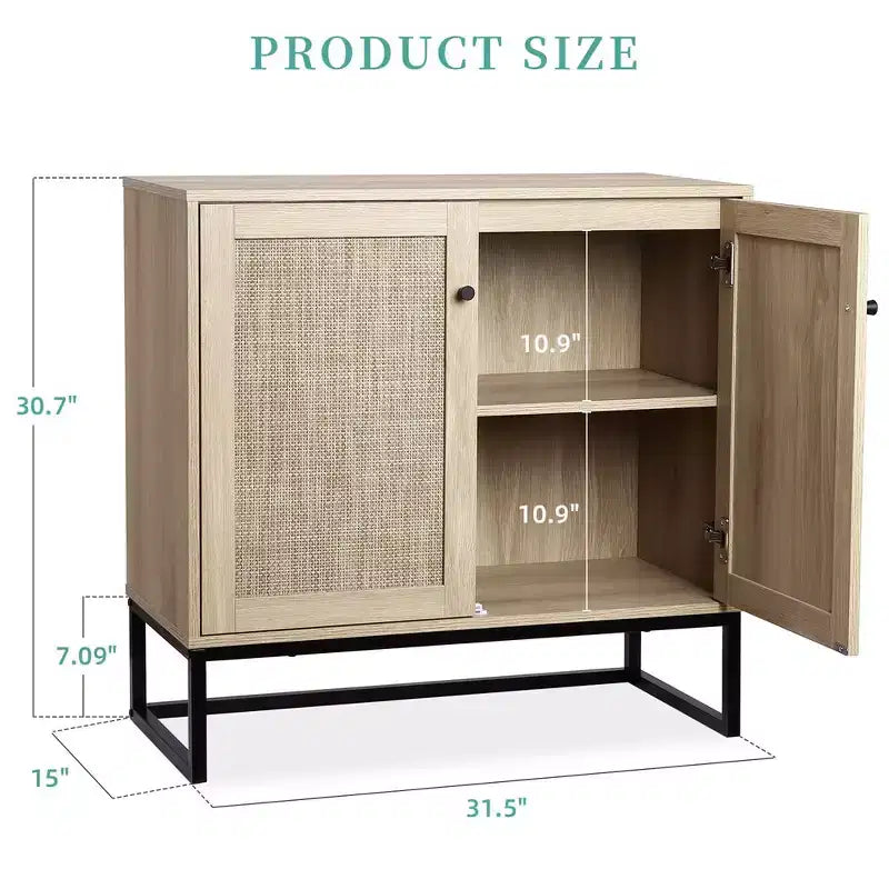 Boho Sideboard Buffet Cabinet with Rattan Doors & Adjustable Shelves