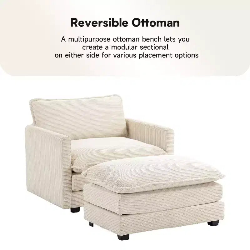 Poltrona d'accento moderna rivestita in tessuto di velluto a coste con pouf