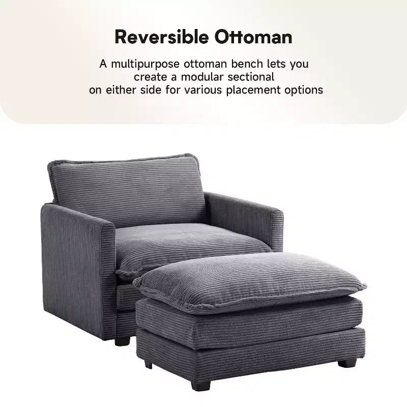 Poltrona d'accento moderna rivestita in tessuto di velluto a coste con pouf