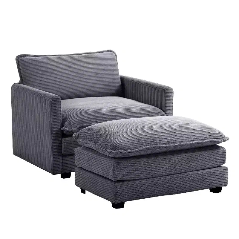 Poltrona d'accento moderna rivestita in tessuto di velluto a coste con pouf