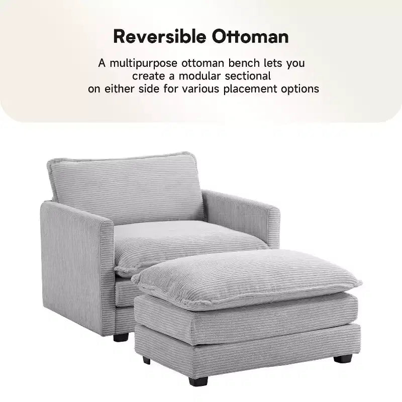 Poltrona d'accento moderna rivestita in tessuto di velluto a coste con pouf