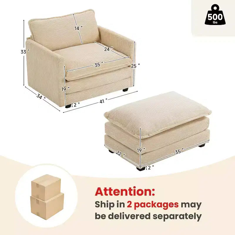 Poltrona d'accento moderna rivestita in tessuto di velluto a coste con pouf