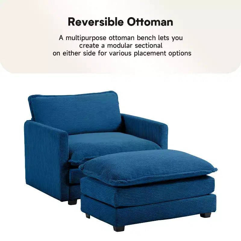 Poltrona d'accento moderna rivestita in tessuto di velluto a coste con pouf