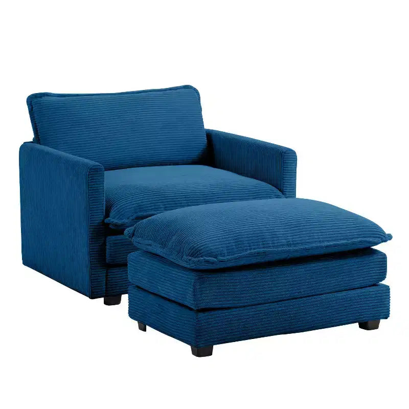 Poltrona d'accento moderna rivestita in tessuto di velluto a coste con pouf