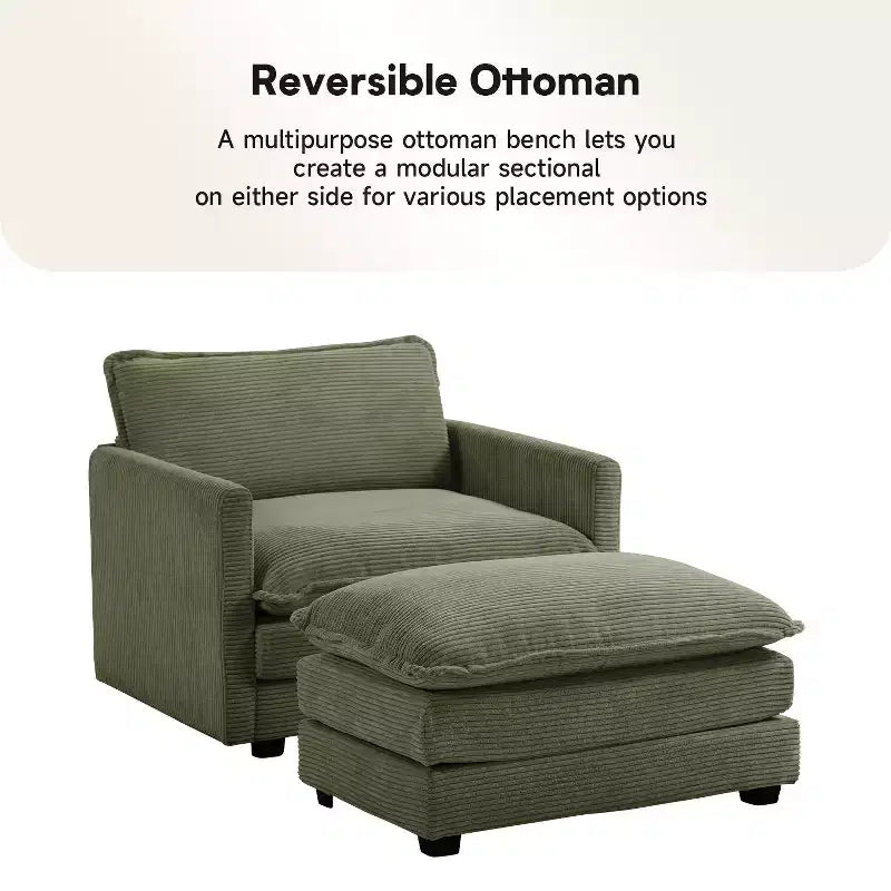 Poltrona d'accento moderna rivestita in tessuto di velluto a coste con pouf