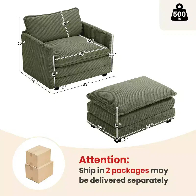 Poltrona d'accento moderna rivestita in tessuto di velluto a coste con pouf