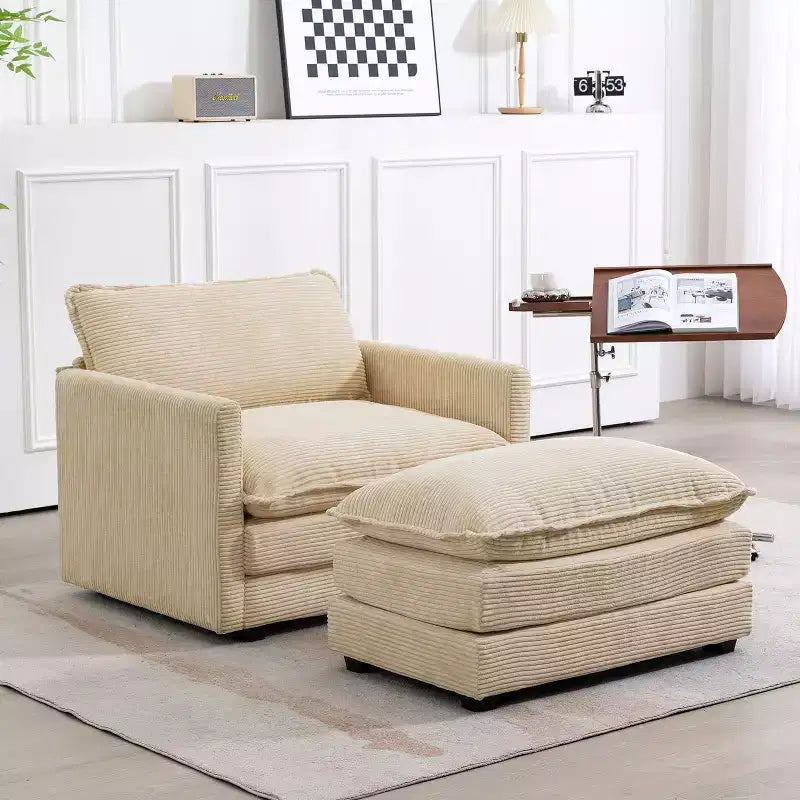Poltrona d'accento moderna rivestita in tessuto di velluto a coste con pouf