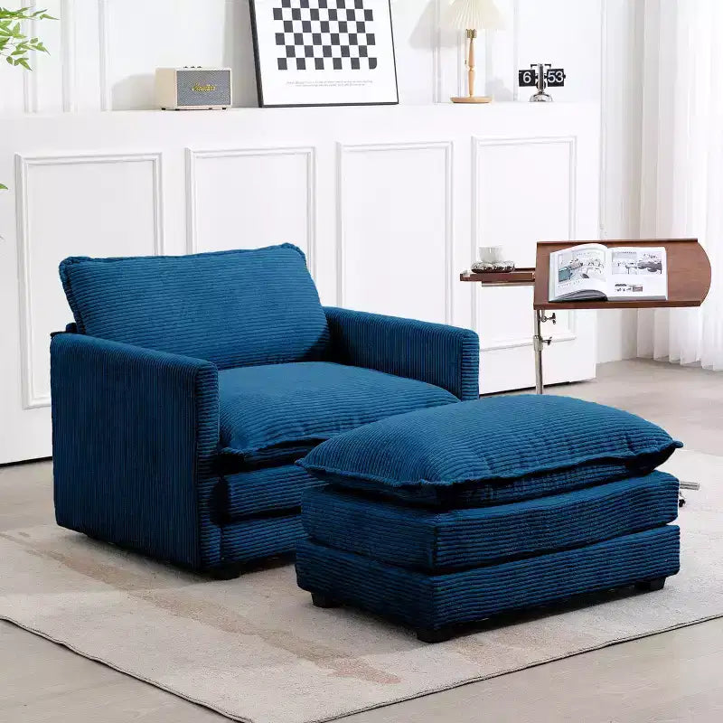Poltrona d'accento moderna rivestita in tessuto di velluto a coste con pouf